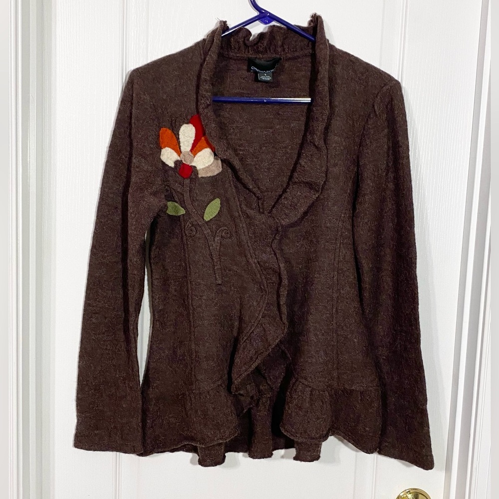 Y2K Cynthia Rowley Floral Appliqué Ruffle Trim Wool Cardigan Brown Size Small